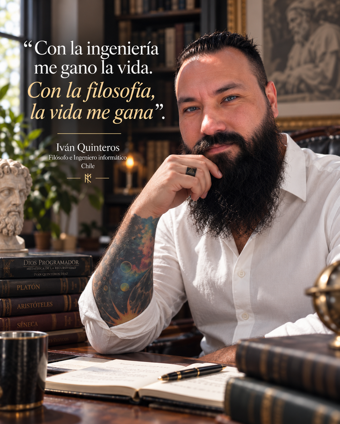 Afiche de Iván Quinteros con la frase: con la ingeniería me gano la vida, con la filosofía la vida me gana